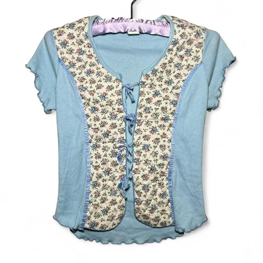 Vtg Baby Blue Floral Top Cottage Core Boho Tie Front Fairy Whimsy Size Small